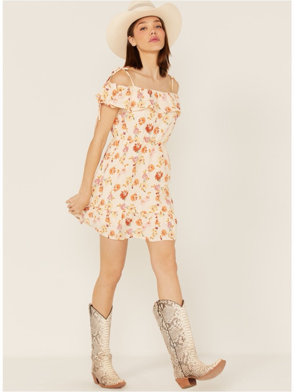 Peach Floral Off-Shoulder Mini Dress - Picture 2 of 4